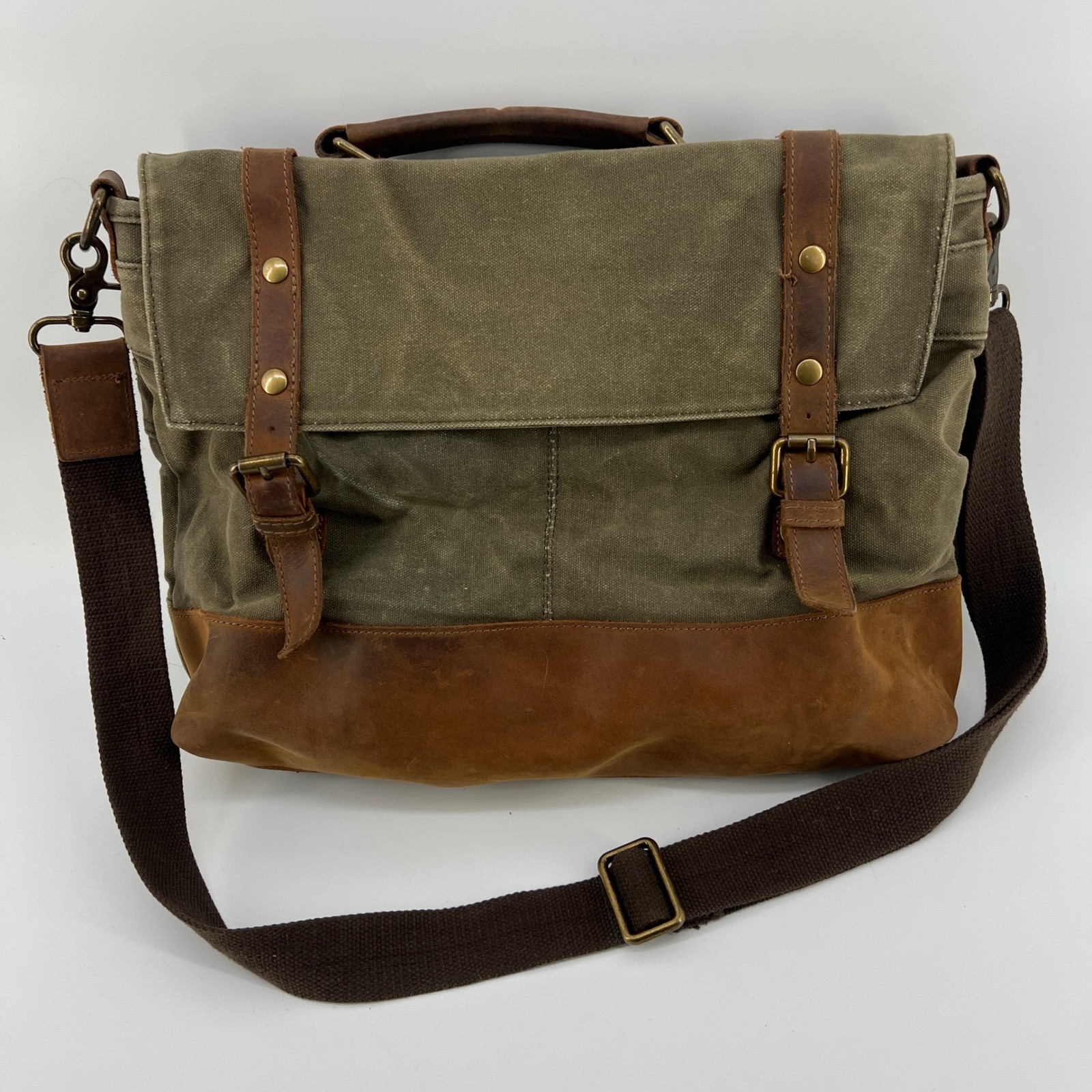S-ZONE Canvas Leather Messenger Bag Olive Green Laptop Satchel Vintage Briefcase