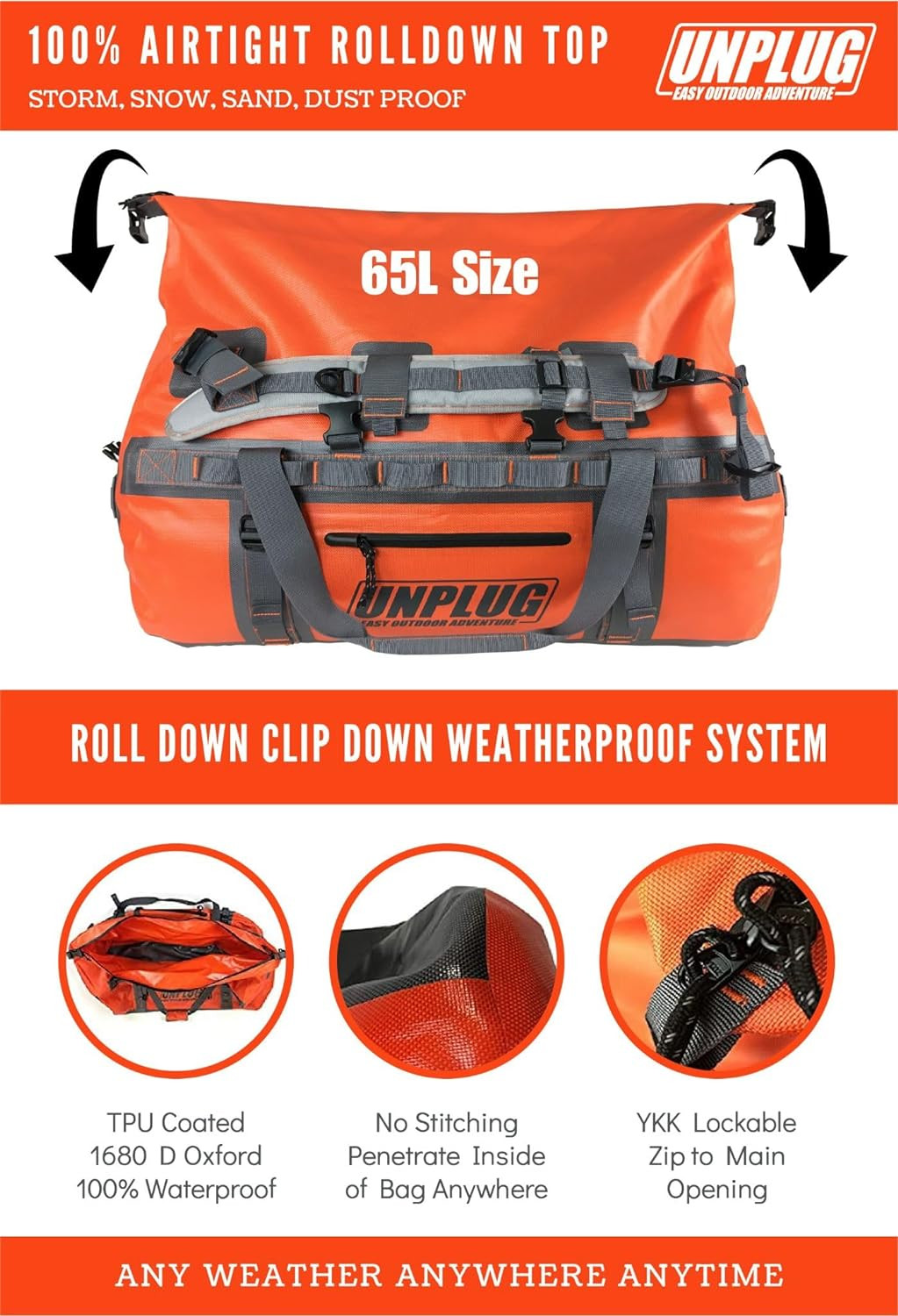 UNPLUG Ultimate Adventure | 1680D Heavy Duty Waterproof Bag | Large Travel Bag W