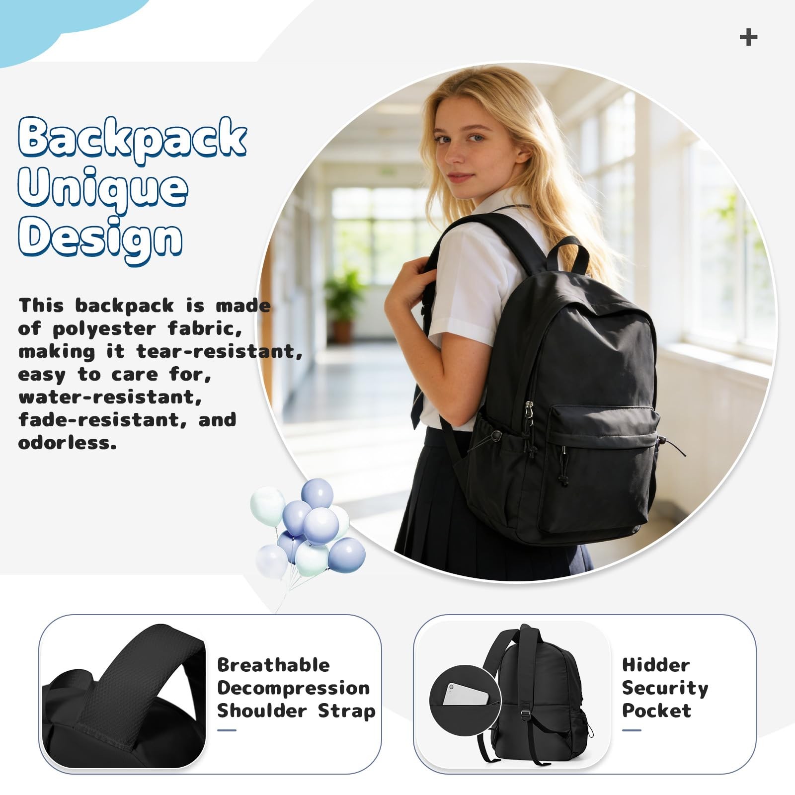 Black School Backpack For Girls Boys High Middle school college Backpack Book