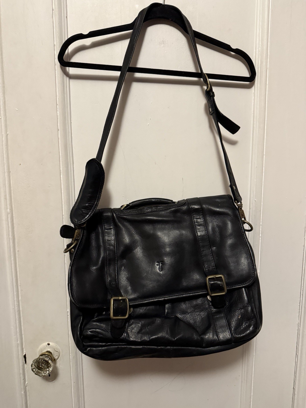 Unisex FRYE Black Leather Satchel Logan Case Organizer Zip Compartments