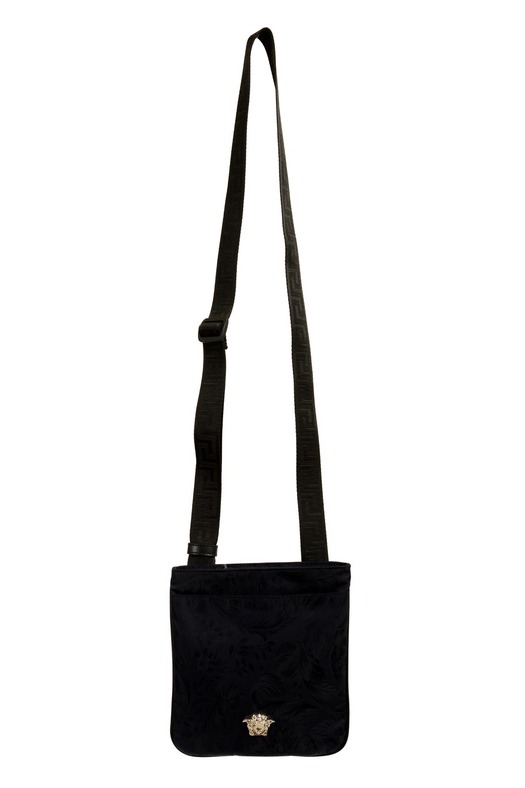 Versace Navy Heritage Print Silver Medusa Flat Fabric & Leather Crossbody Bag