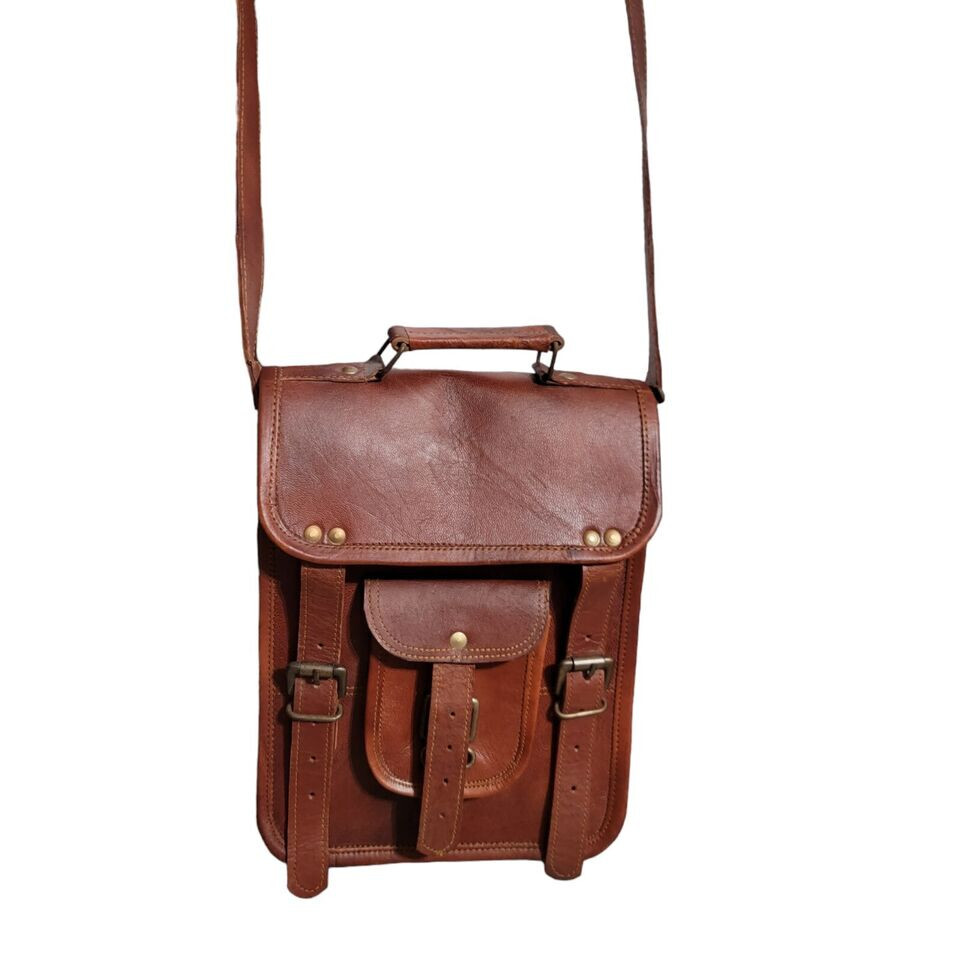 Leather 11 Inch Sturdy satchel Messenger Bag canvas lined gold buckle closures