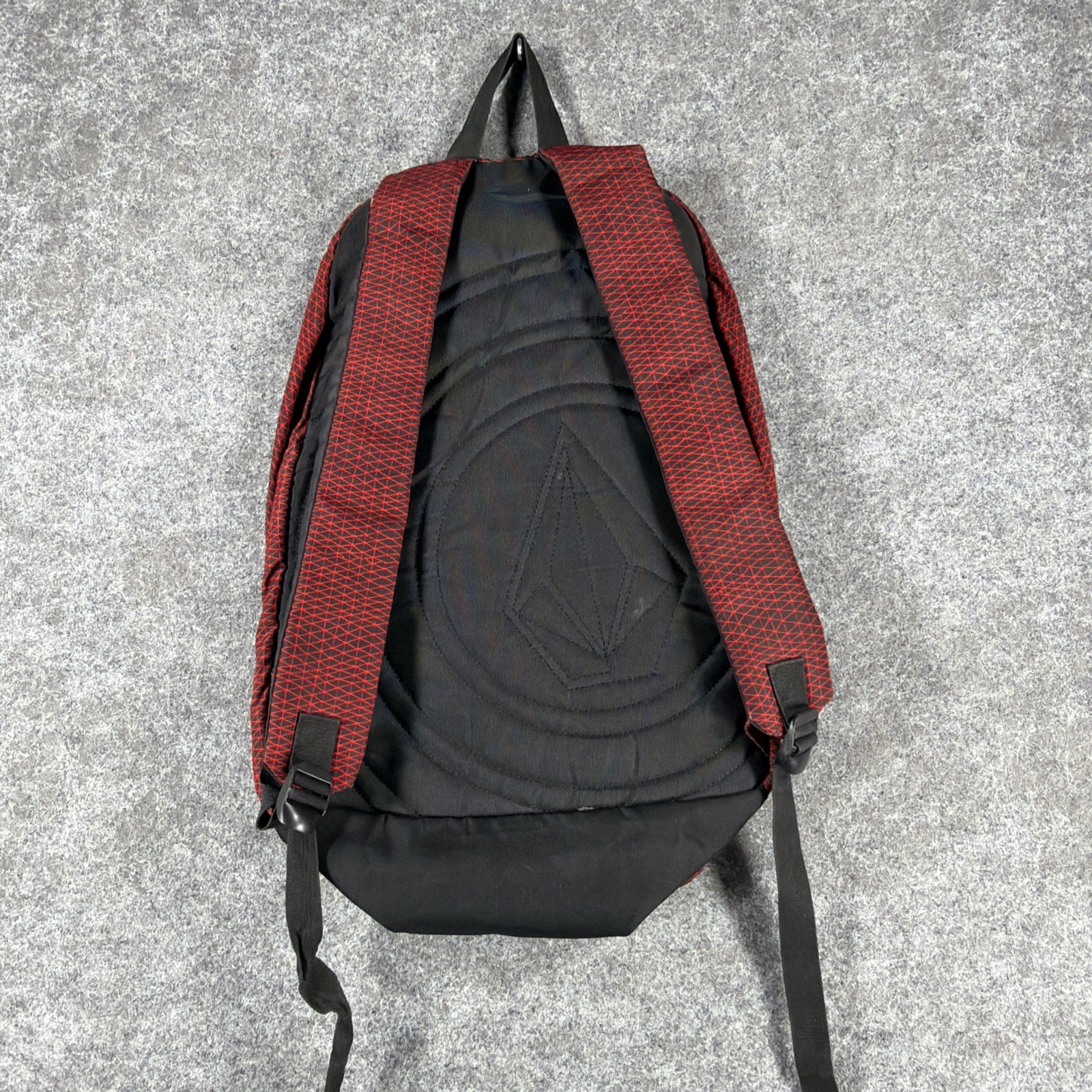 VOLCOM Stone Logo Backpack Red Black Geometric Crosshatch Grid Skate School Bag