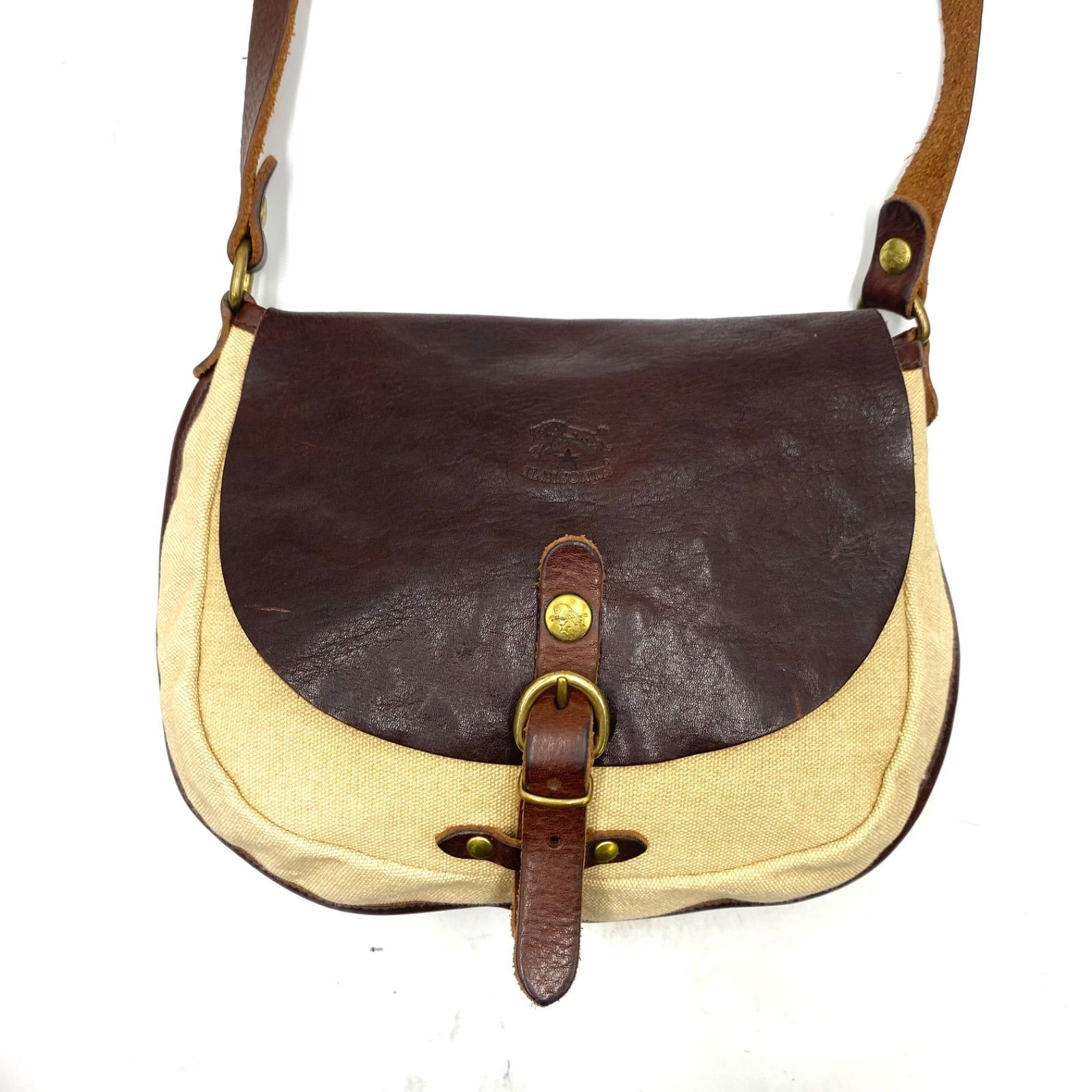 IL BISONTE Authentic Shoulder Bag Crossbody Leather Canvas Brown Beige 19×24cm