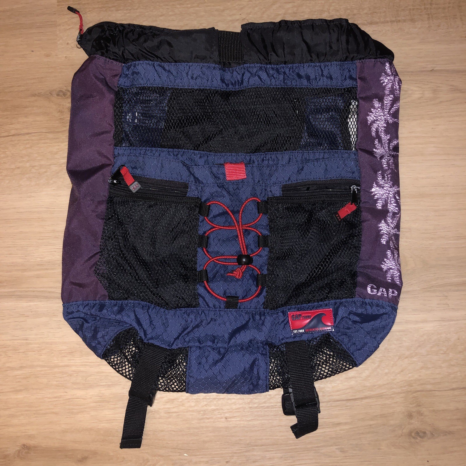 GAP Surf Backpack Mesh Bag Strap Blue Red Purple Palm Tree Y2K Gorpcore Vintage