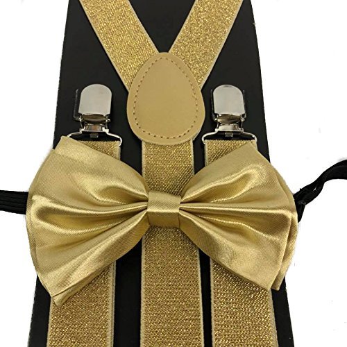 Metallic GOLD GLITTER Suspenders and SHIMMER Bow Tie Set Adjustable Wedding