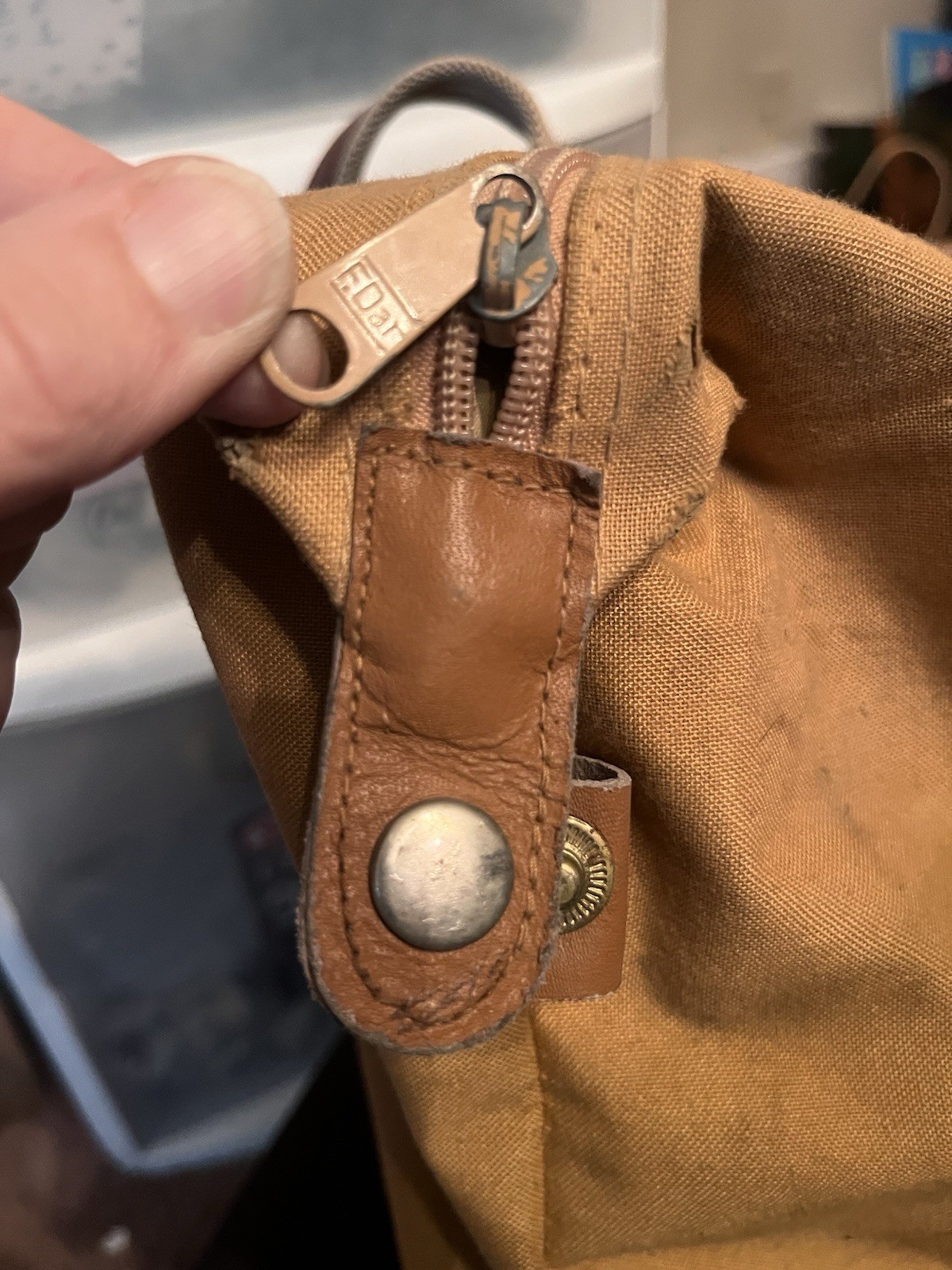 Vintage 1970’s Distressed Tan Canvas Duffle Bag Leather Straps Used With Holes