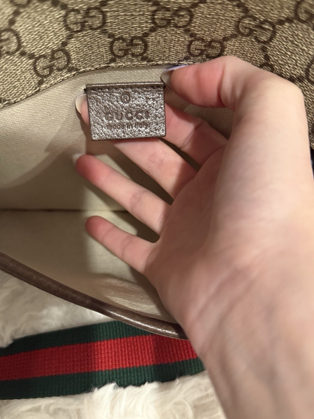 Gucci GG Pattern Belt Bag Beige Brown Green Red Web Strap Buckle Closure