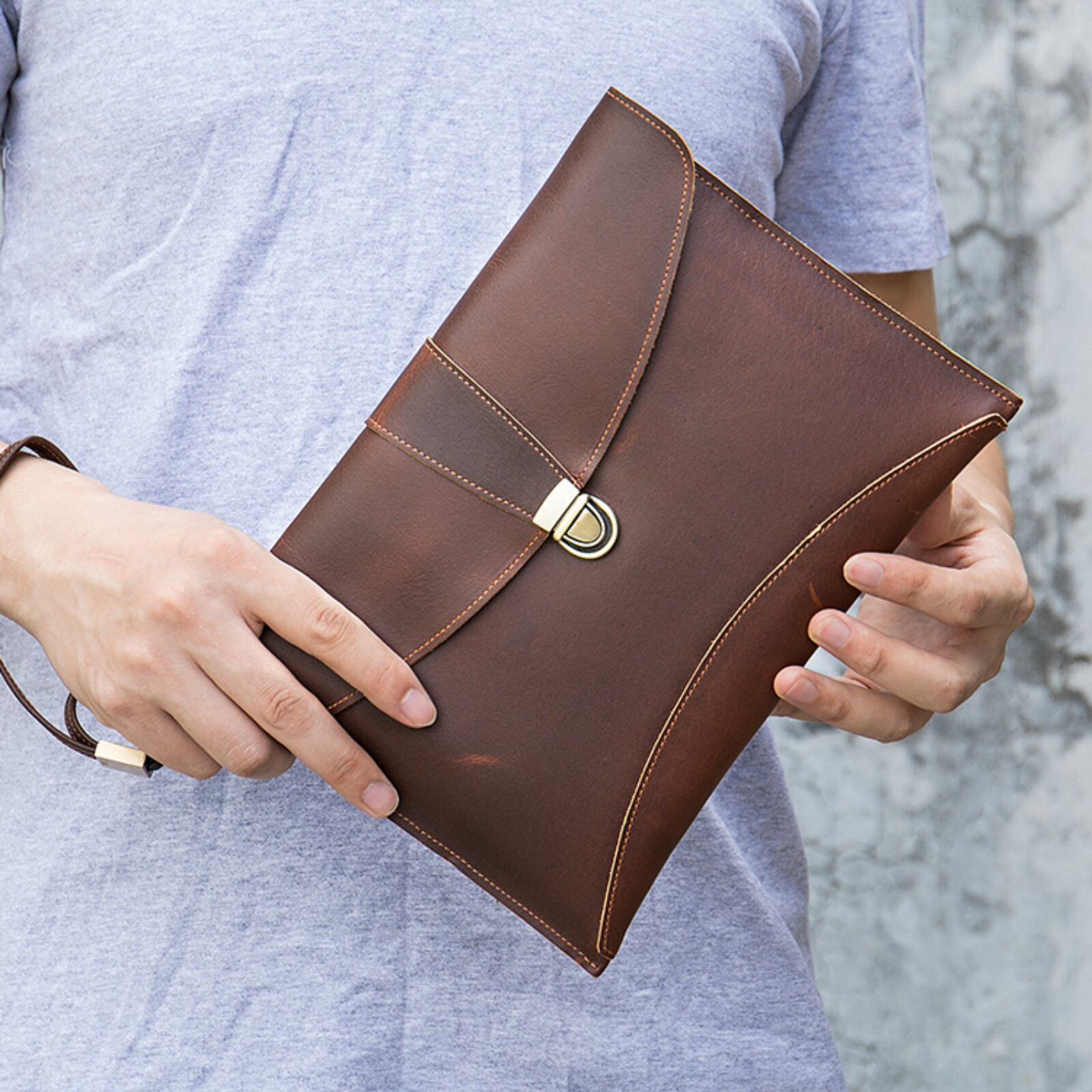 Men’s Leather Clutch Bag with Wrist Strap Business Travel Pouch Workwear Bags Sz