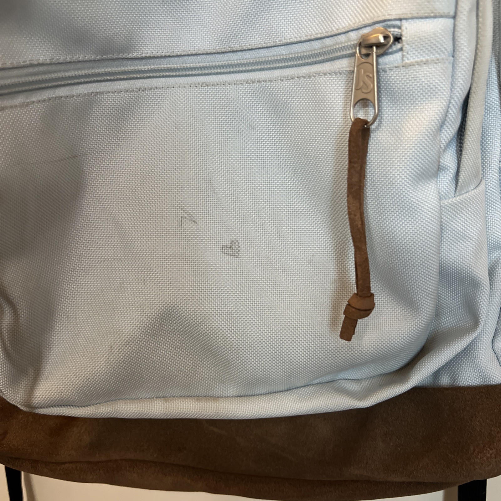 Jansport Backpack light Blue Brown Suede Leather Bottom 37 L Made in USA 17x13x5