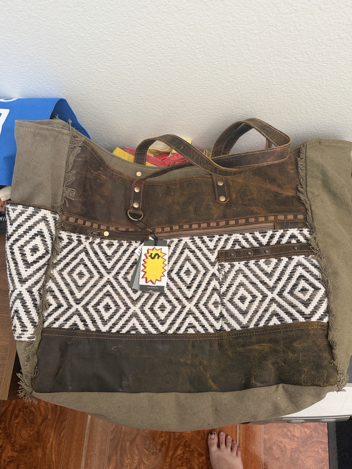 Myra Bag Geometric Tote Zip Top Inner Pockets Double Handles Brown Beige
