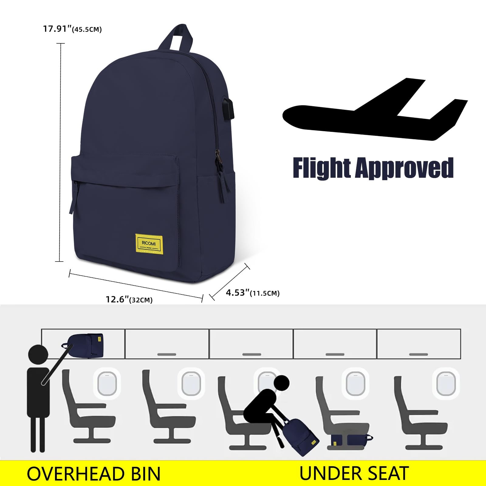 Lightweight Laptop Backpack USB Charging Port 15.6 Inch Navy Blue Bag