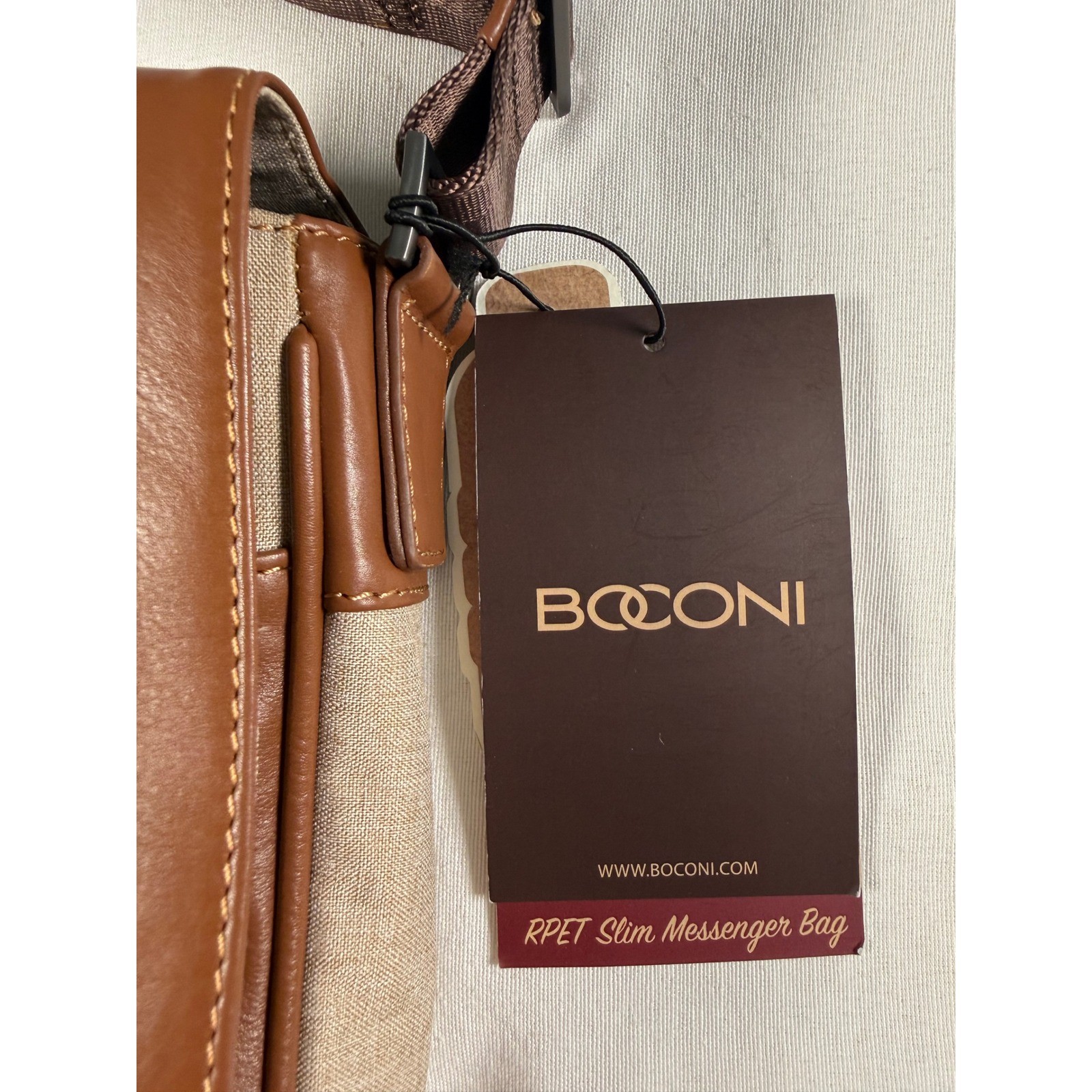 Boconi RPET Slim Messenger Bag Brown Leather Recycled Fabric Laptop RFID New