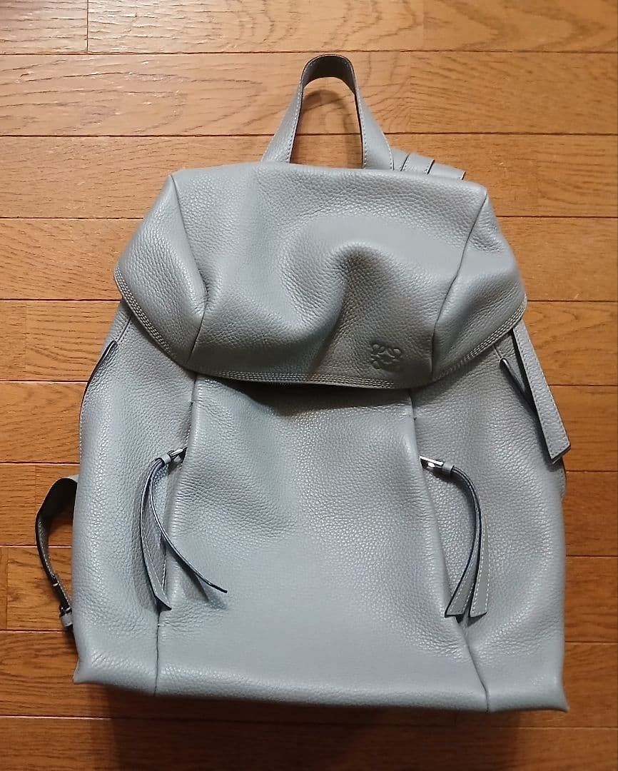 LOEWE Men Backpack T-Logo Leather Gray Used Excellent Condition