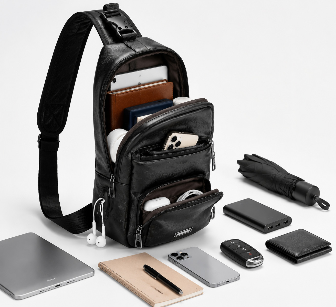 Black Chest Crossbody Bag Sling Backpack for Men w/USB Charge Port-Free Shipping