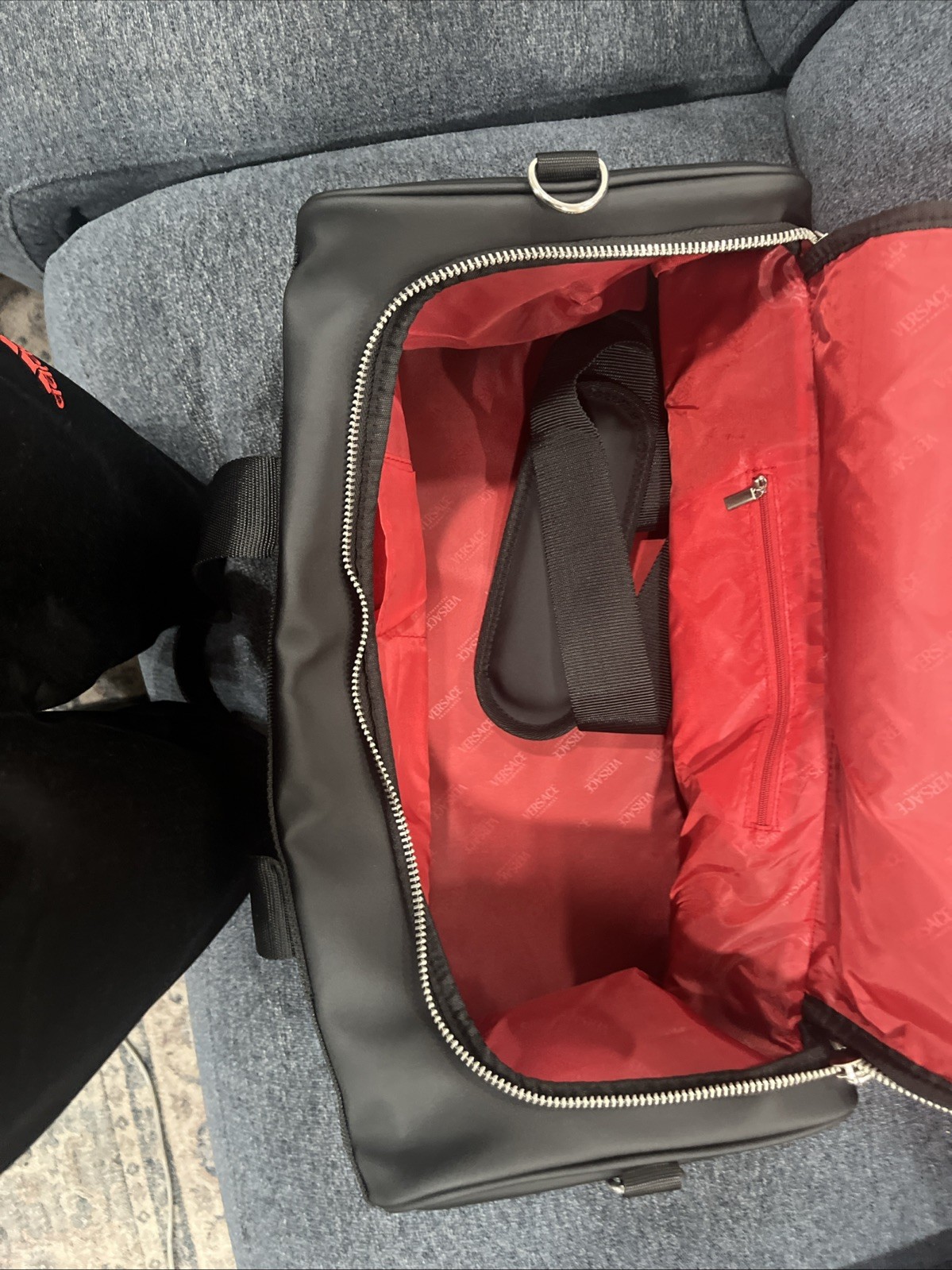 Versace Fragrances Black Duffle with Silver Tone Zipper Travel Overnight Gym Bag