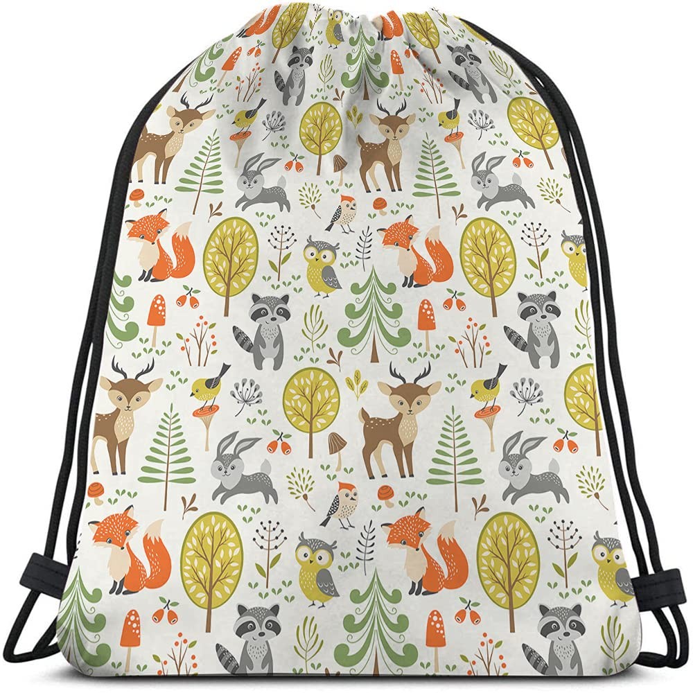 Cute Woodland Animals Drawstring Backpack Bag Waterproof Multicolor 14×16.9 In