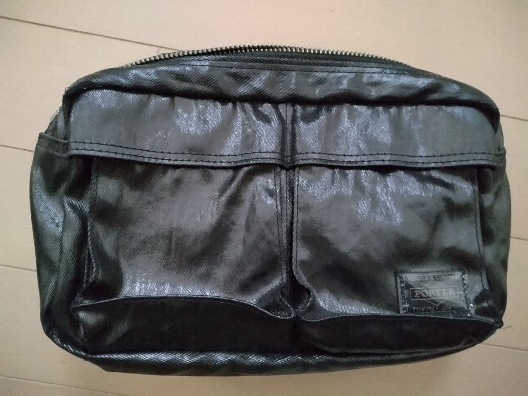 Yoshida Kaban PORTER SHINE Men Black Body Bag Front Pockets Coating Wear Auth