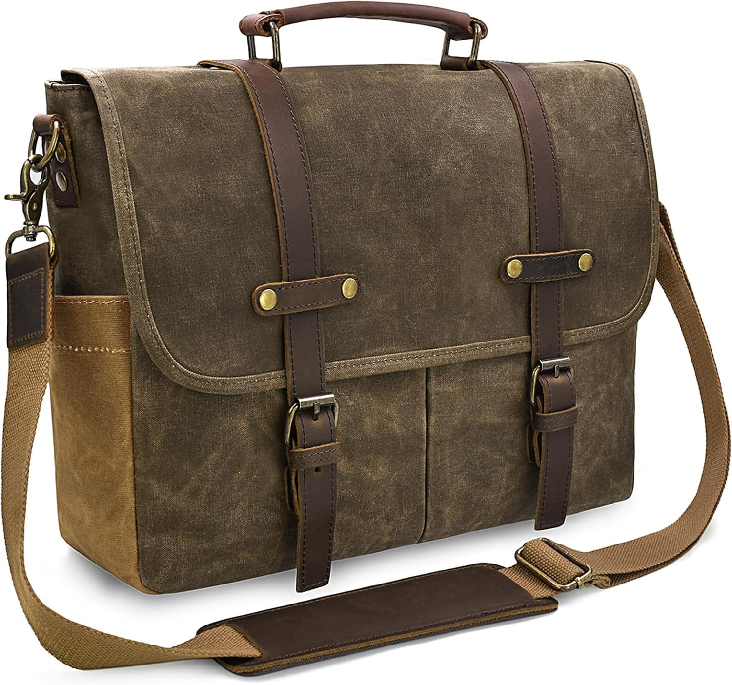 Messenger Bag 15.6 Inch Waterproof Vintage Genuine Leather Waxed Canvas