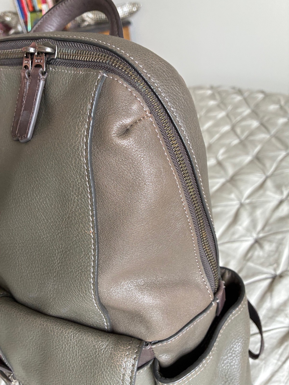Tumi Olive With Brown Trim Pebbled Leather Backpack