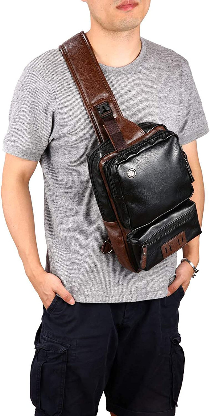 Men’S Lightweight PU Leather Sling Bag – Breathable Crossbody Pack with USB Char