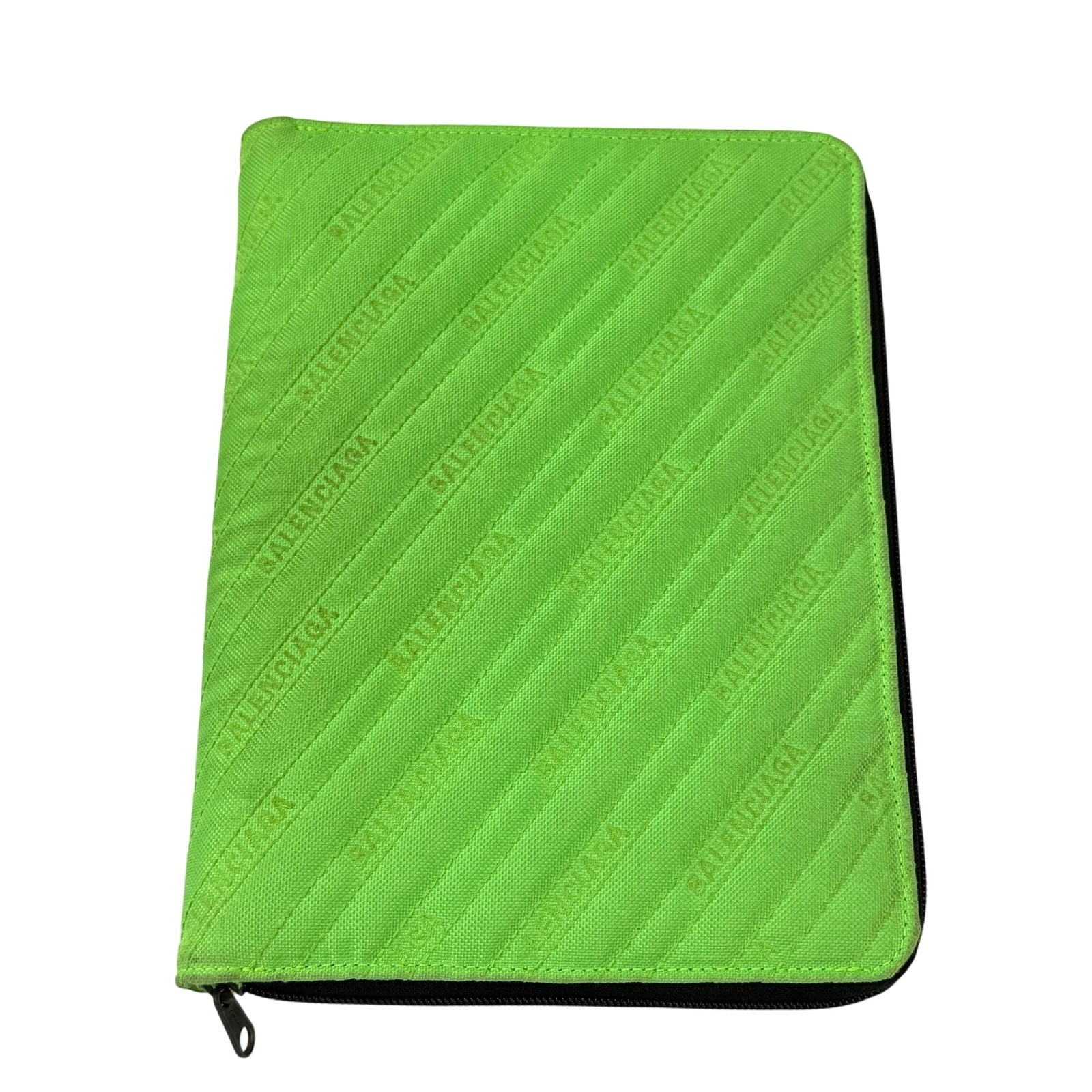 Balenciaga Neon Green Nylon Logo Embroidered Zip Pouch Document Holder Bag