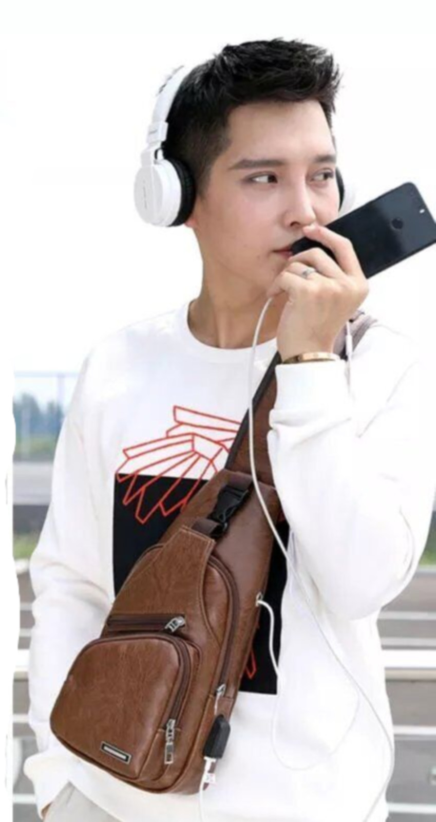 Sm Crossbody Sling Chest or Shoulder Bag w/Charging Port & Earphone Cable Hole