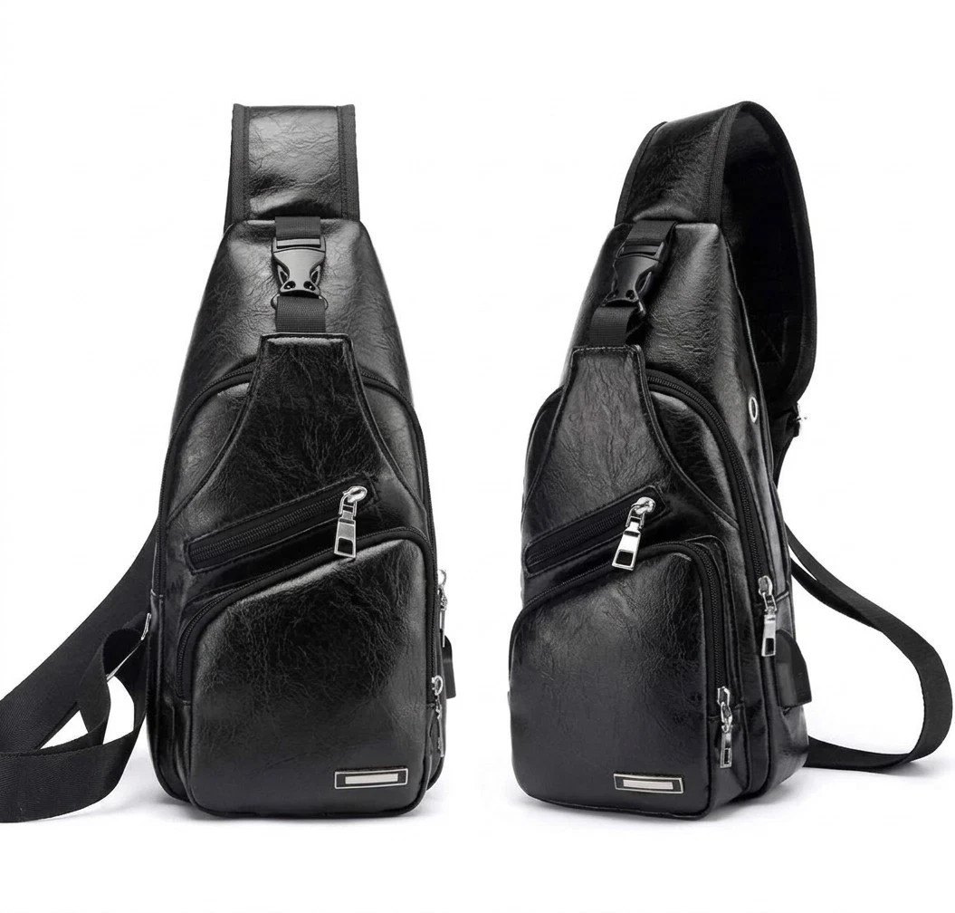 Black Chest Crossbody Bag Sling Backpack for Men with USB Charge Port Premium