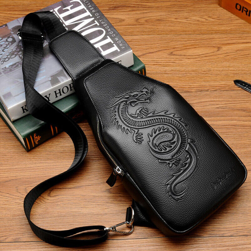 Men’s Sling Backpack Genuine Leather Crossbody Bag Shoulder Bag Dragon Embossing