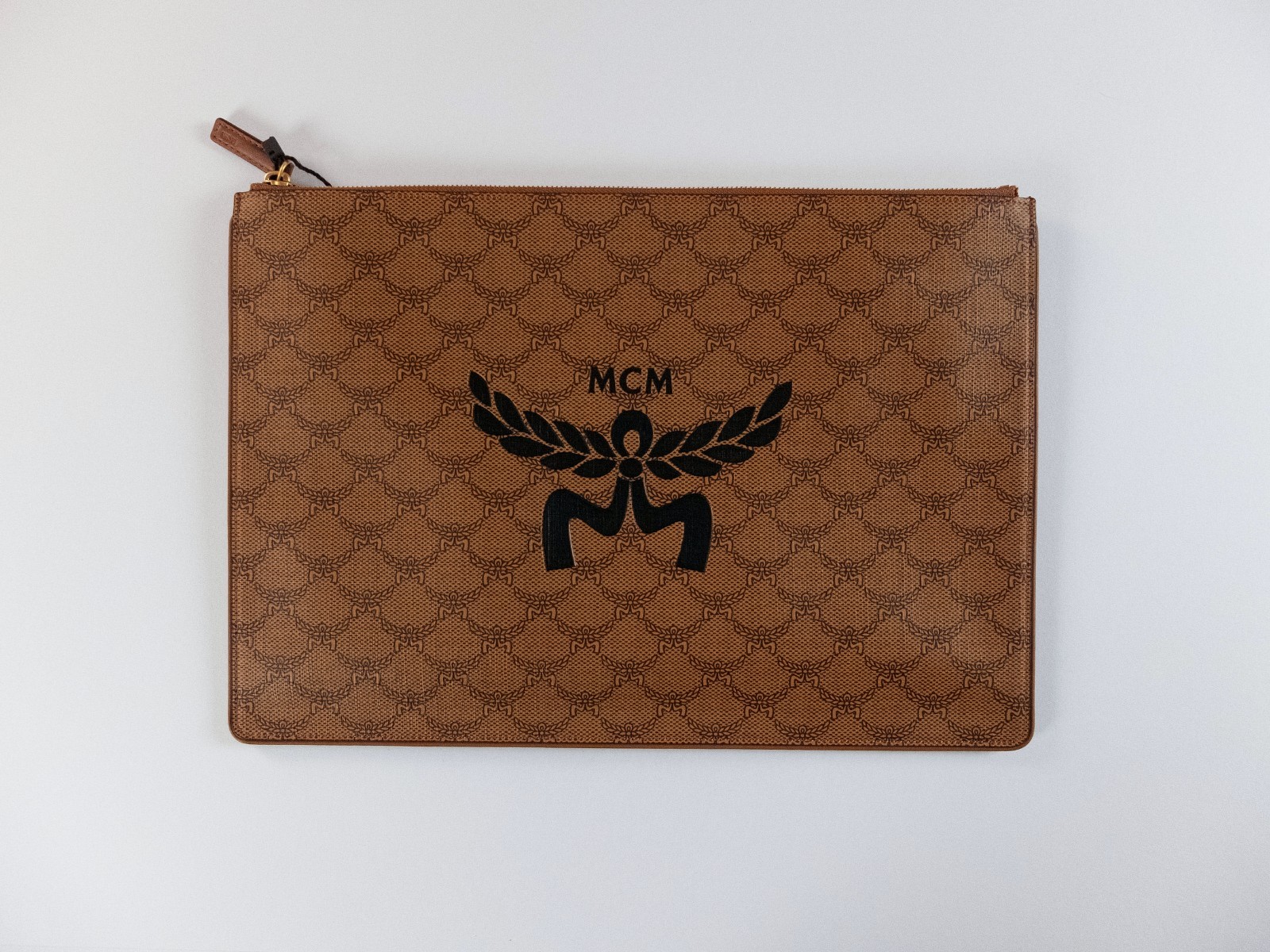 (NO CUSTOMS TAX) MCM Large Himmel tan brown coated canvas portfolio clutch pouch