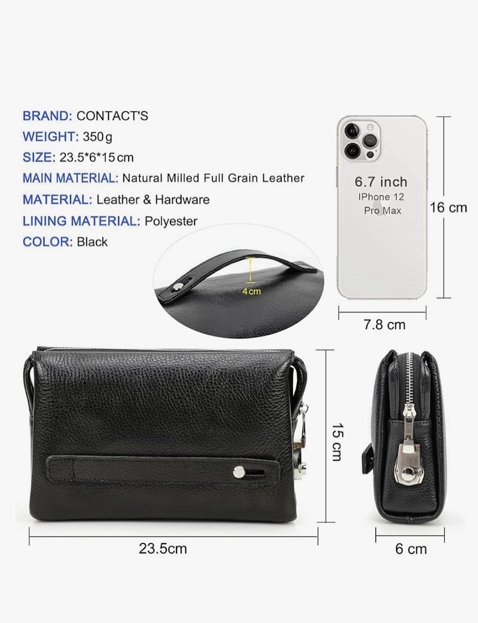 black leather clutch from CONTACTS features a combination lock for security.