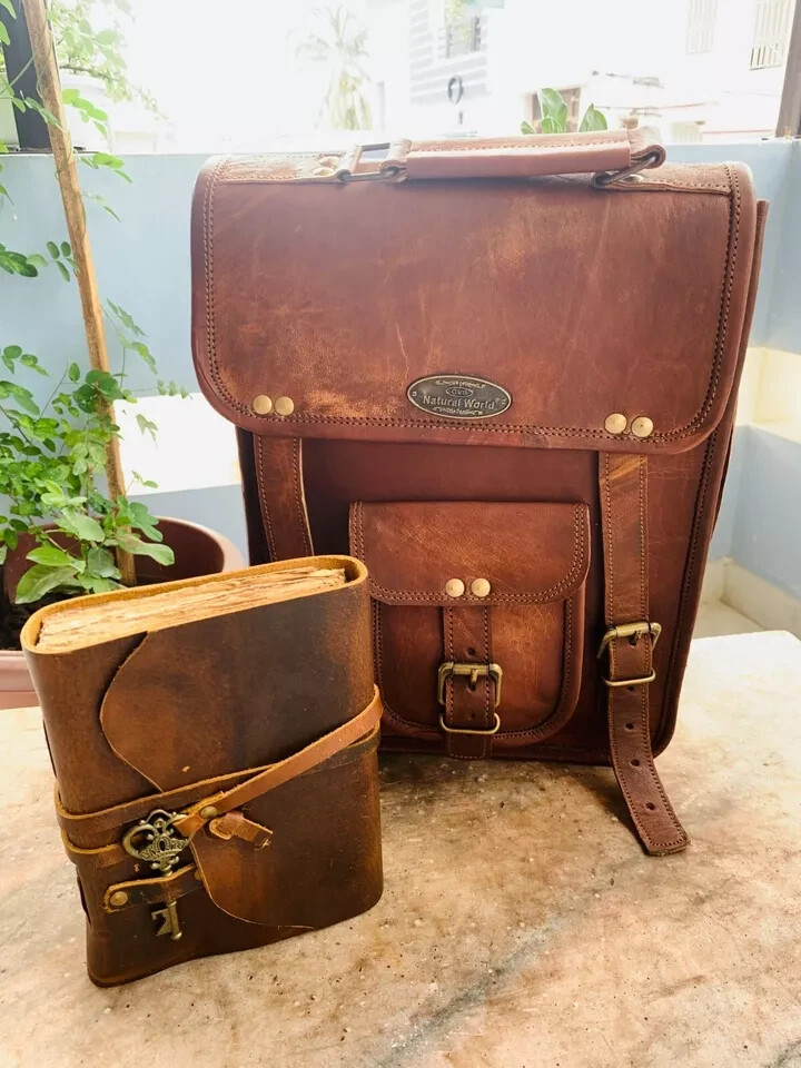 16″ Leather Messenger Handmade Genuine Shoulder Satchel Bag Free Key Journal