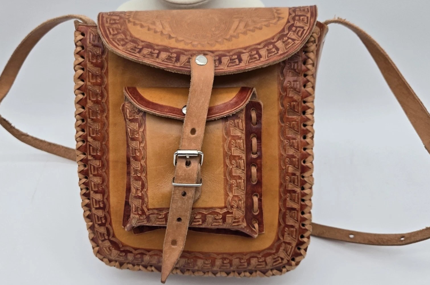 Leather Shoulder Bag Light Brown Embossed Crossbody Rustic Handmade