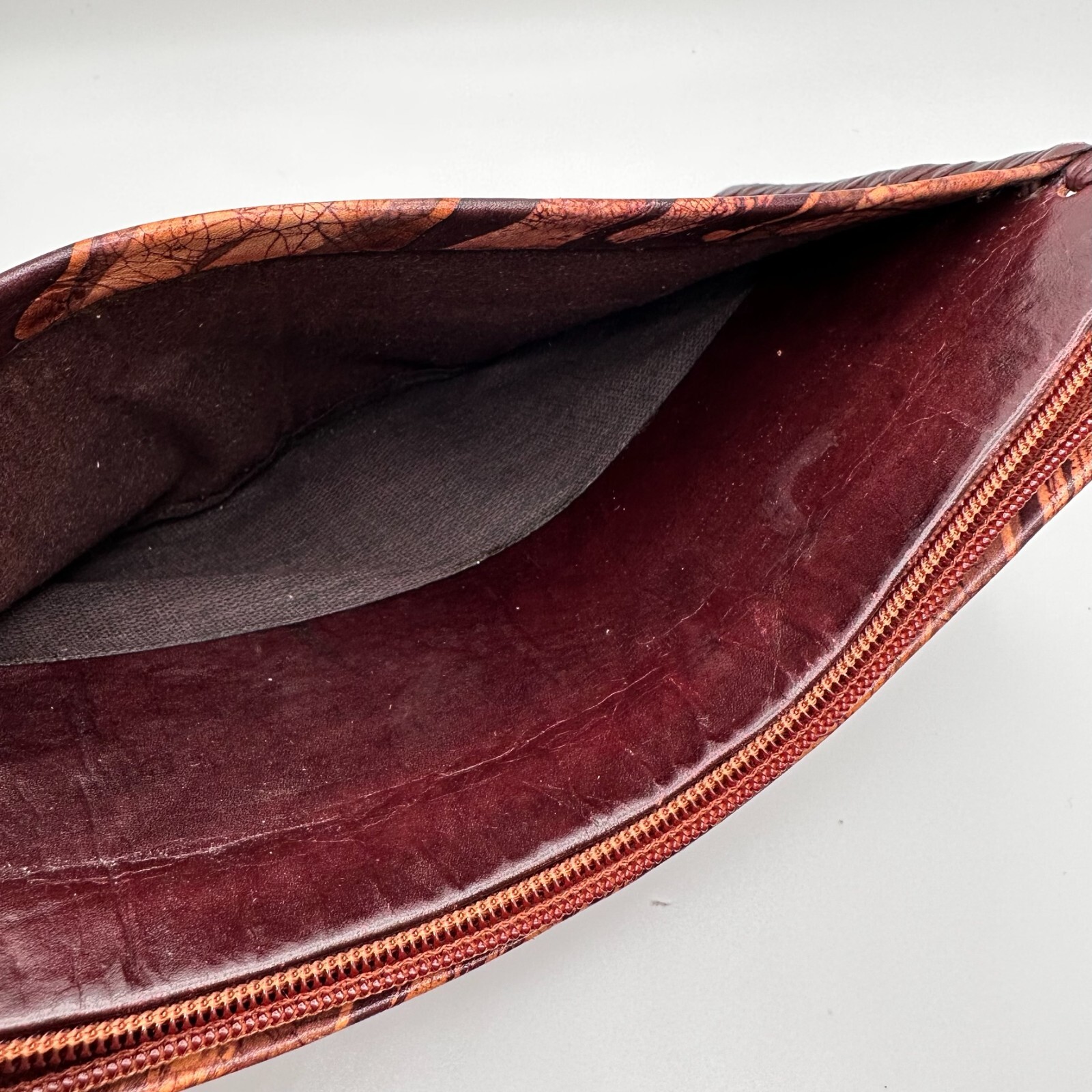 Vintage Artisan Patterned Leather Zipper Pouch Leather Lacing 9 x 4.75 inches