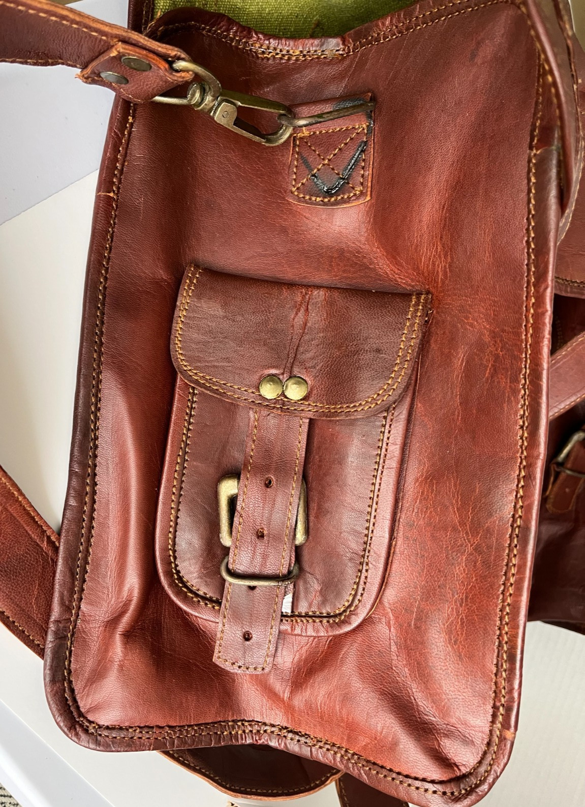 Large Brown Leather Messenger Bag with Buckled Pockets & Zip Top, Made in India