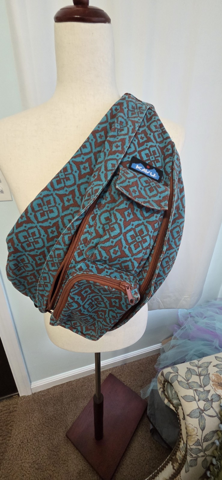 KAVU Sling Bag Backpack Crossbody Desert Mosaic Teal Brown Retird Travel Outdoor