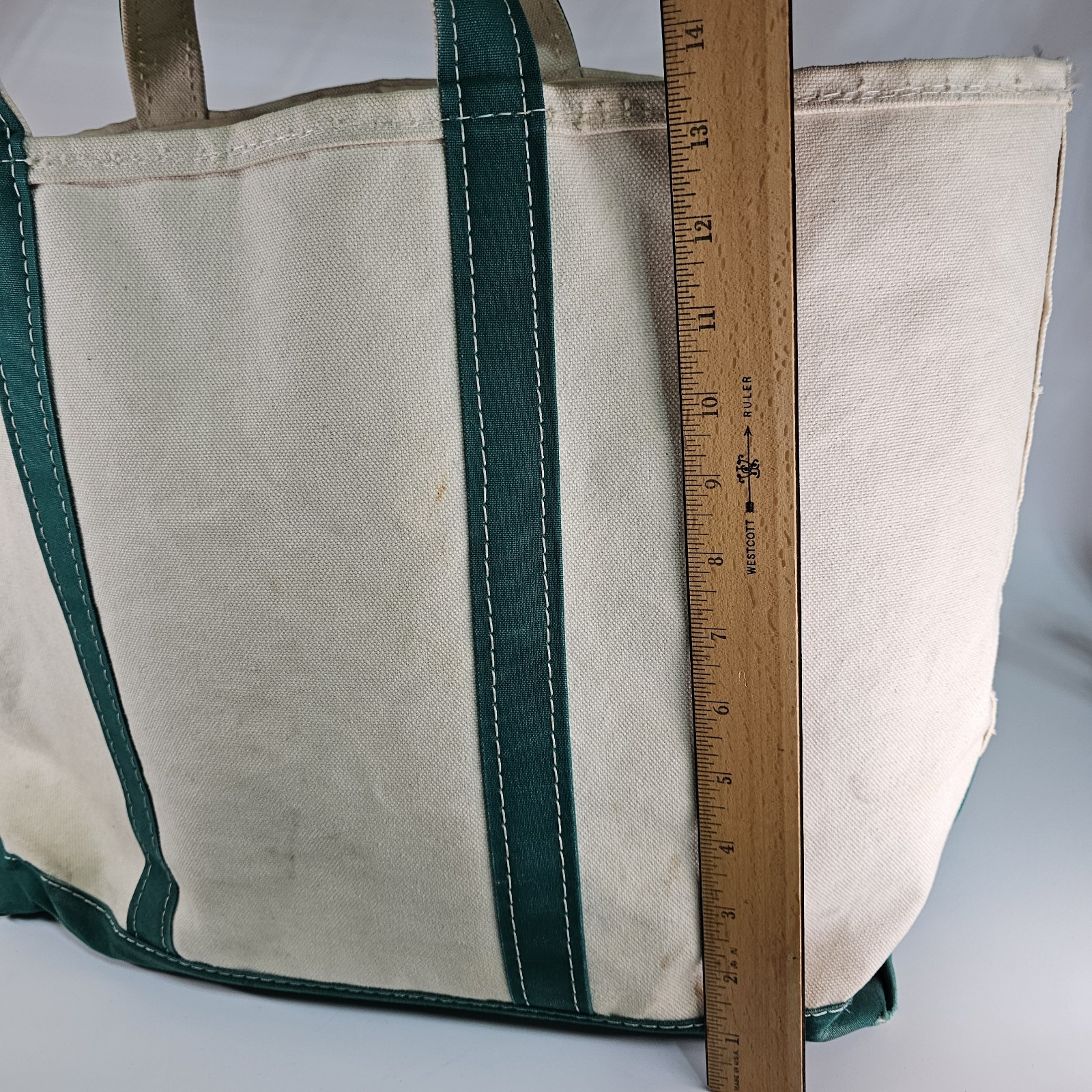 Vtg LL Bean Boat And Tote Bag Canvas Green Zip Top Heavyweight Large 21x13x7