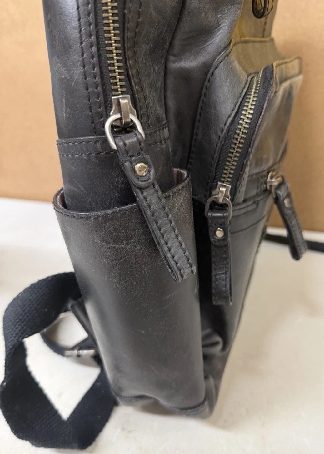 Rawlings Black Leather Rugged Backpack w/Zipper Closures & Striped Interior RARE