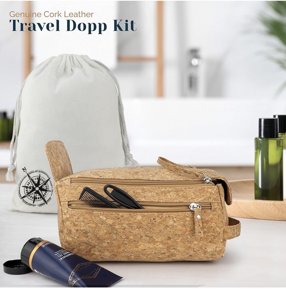 Denali Premium Cork Leather Compact Toiletry Bag Waterproof Travel Organizer