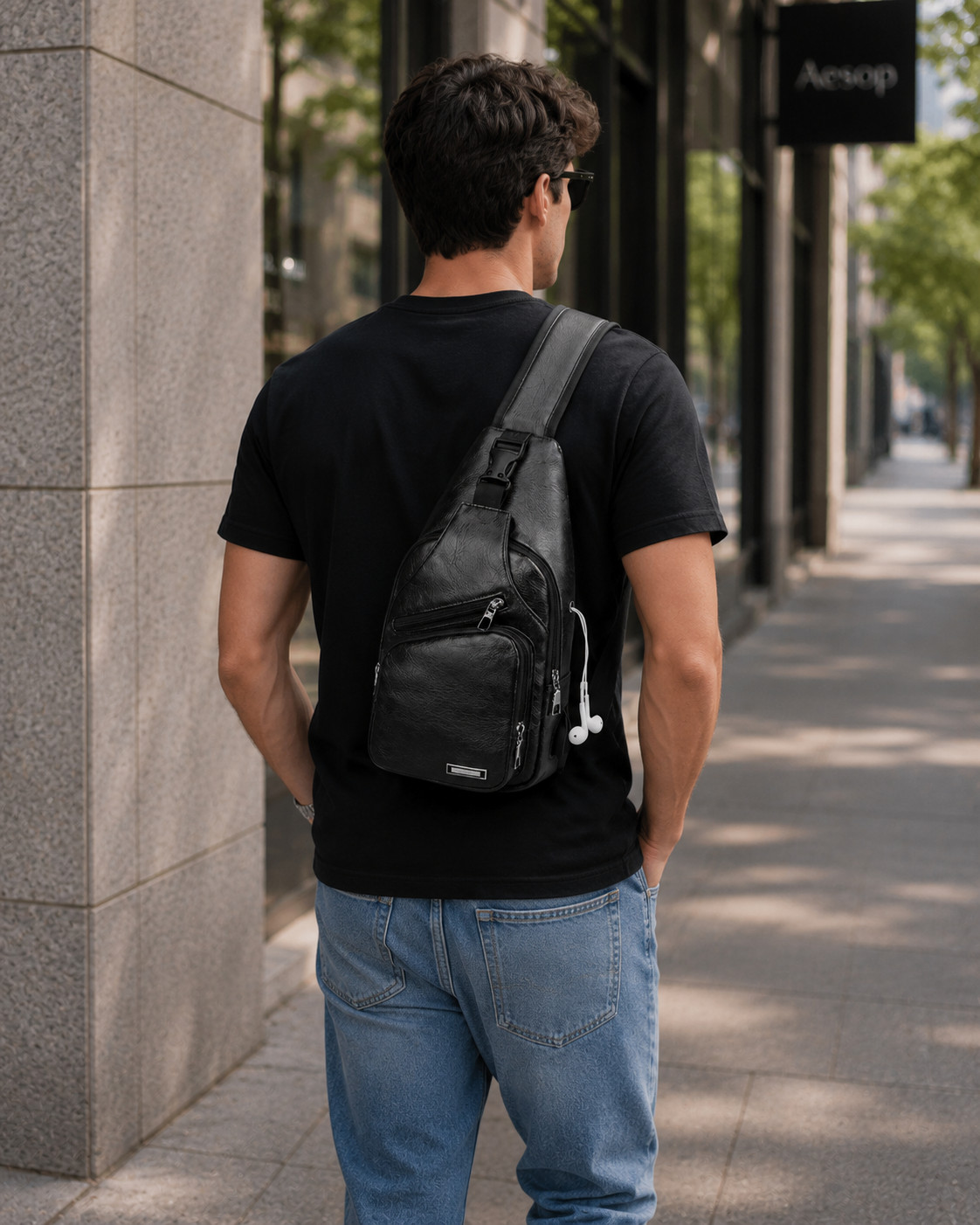 Black Chest Crossbody Bag Sling Backpack for Men with USB Charge Port