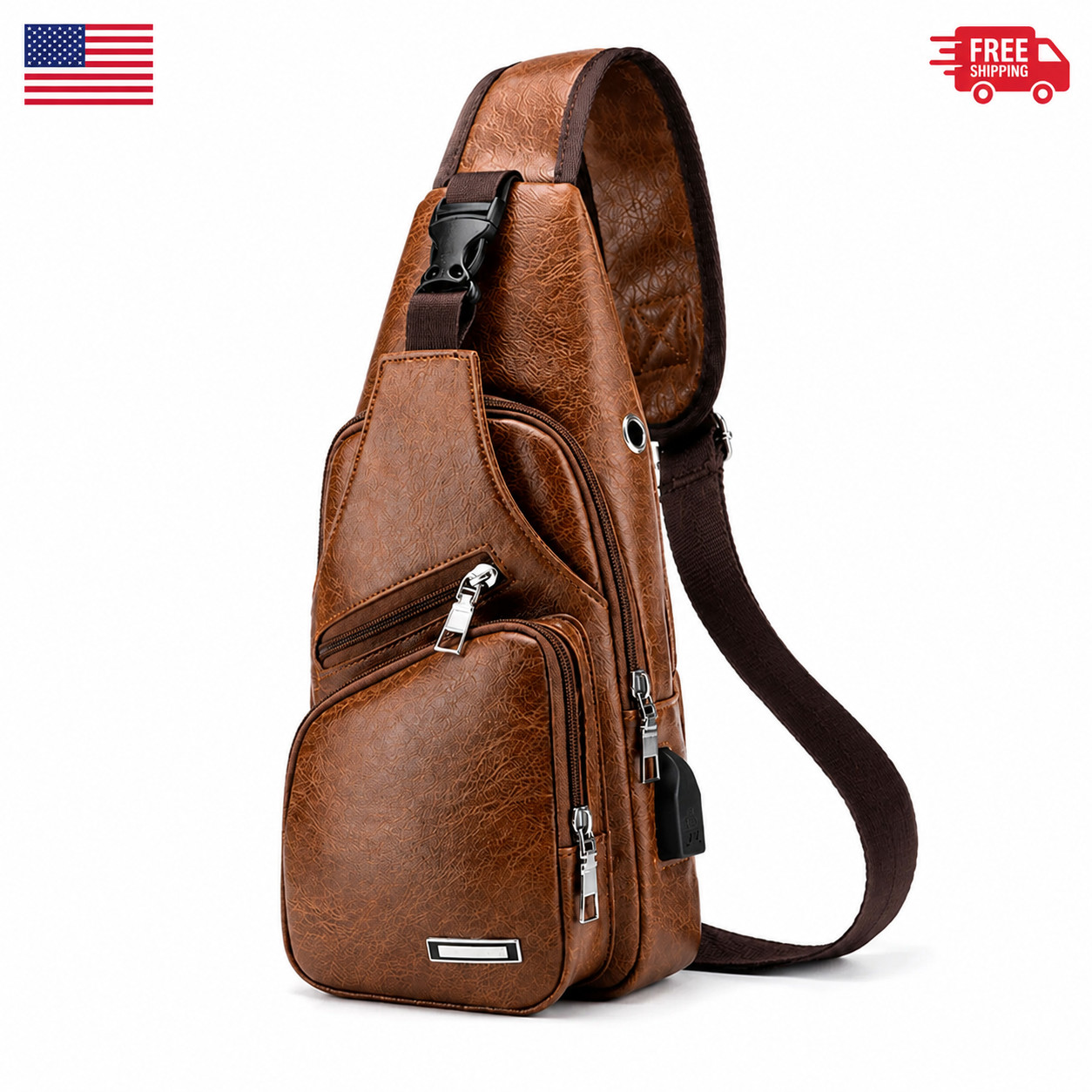 Chest Crossbody Bag Sling Backpack for Men with USB Charge Port Brown