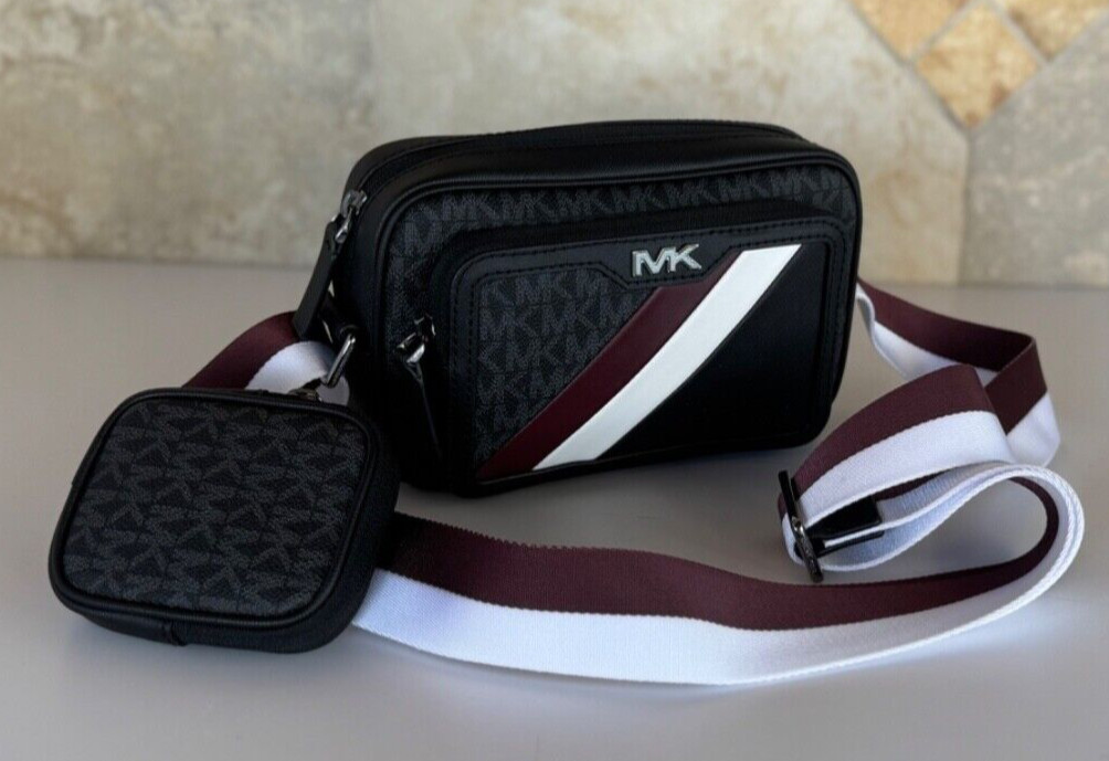 MICHAEL KORS RIVINGTON STRIPED CROSSBODY CAMERA BAG WITH POUCH OXBLOOD