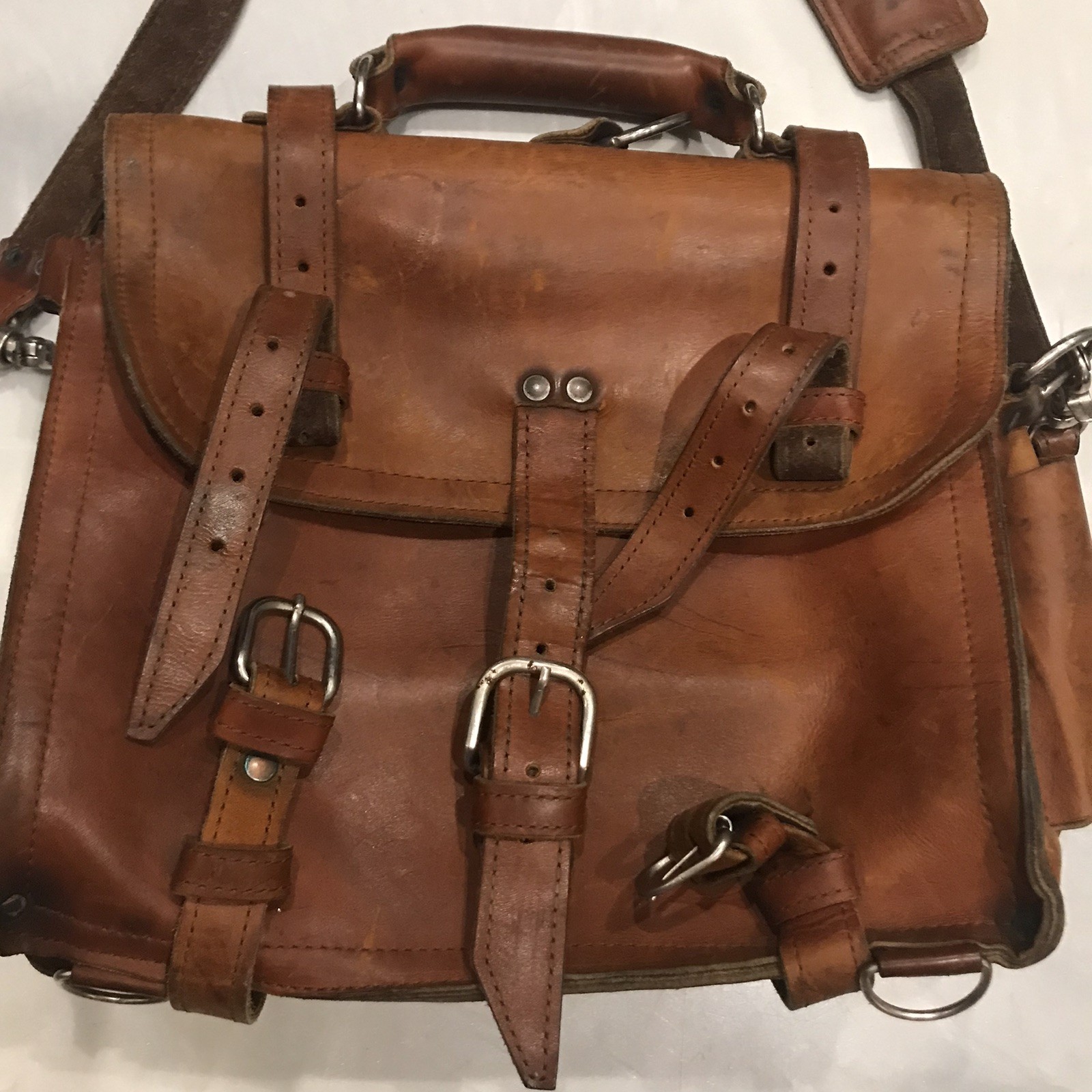 Briefcase Chestnut Leather Cross Body Shoulder Bag with Handle, Straps & Pockets