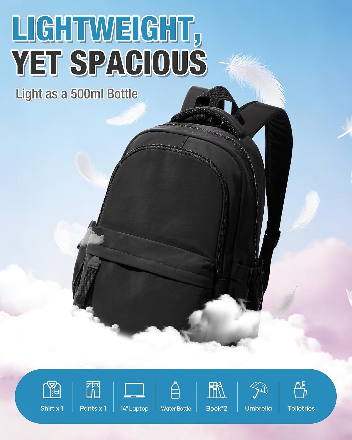Black Backpack for Men Women, Lightweight Basic Causal Daypack Travel Carry on B