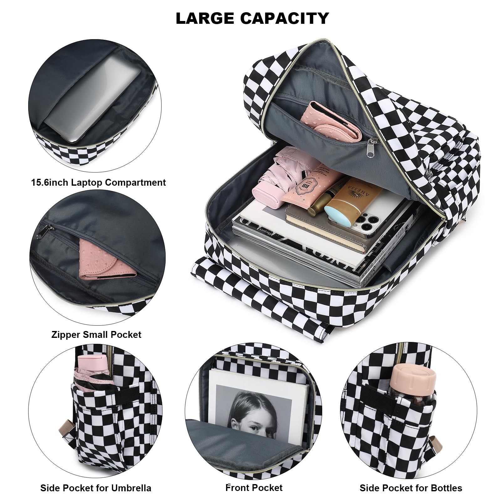 15.6 inch Checkered Laptop Backpack, Women, Girls, College, School, Travel