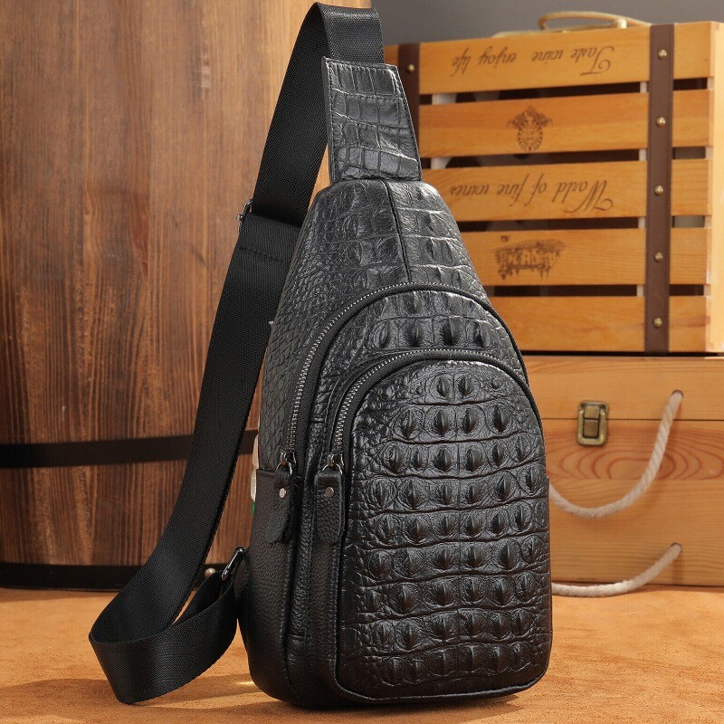 Mens Cow Leather Crocodile Pattern Chest Bag Sling Backpack Crossbody Travel Bag