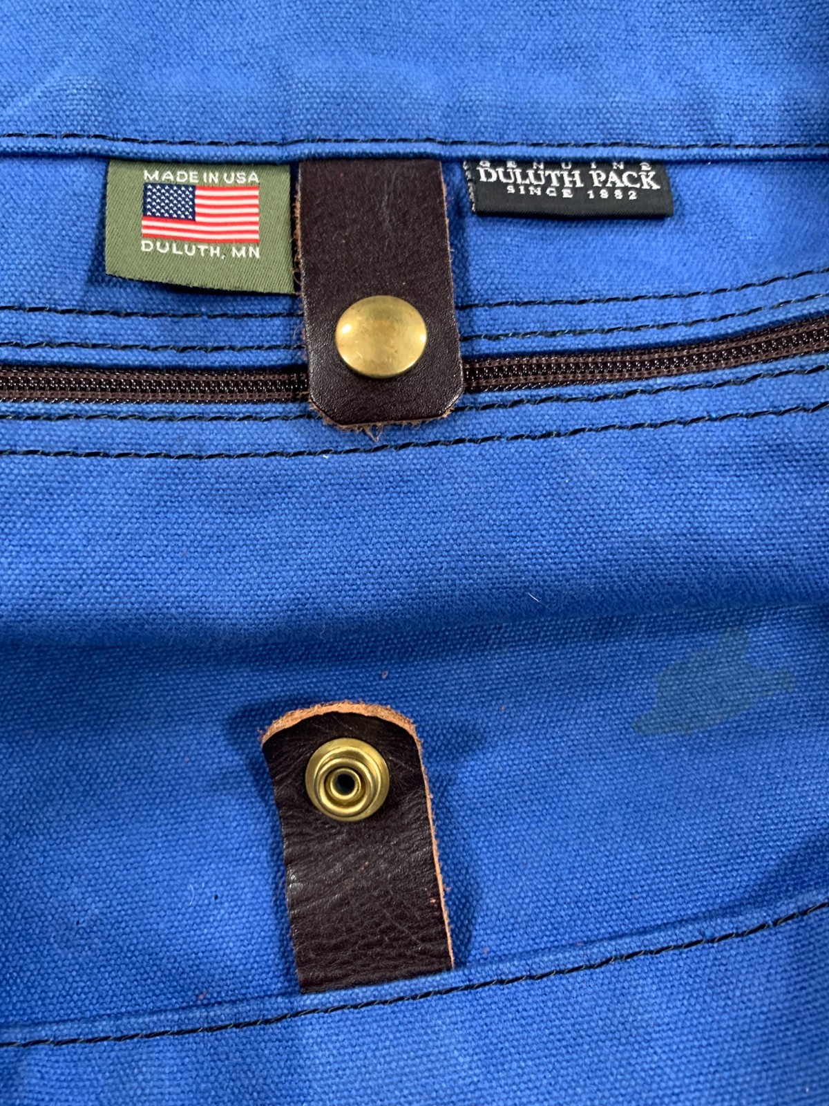VTG Duluth Pack Tote Bag Navy Blue Canvas Brown Leather Brass Made in USA GREAT