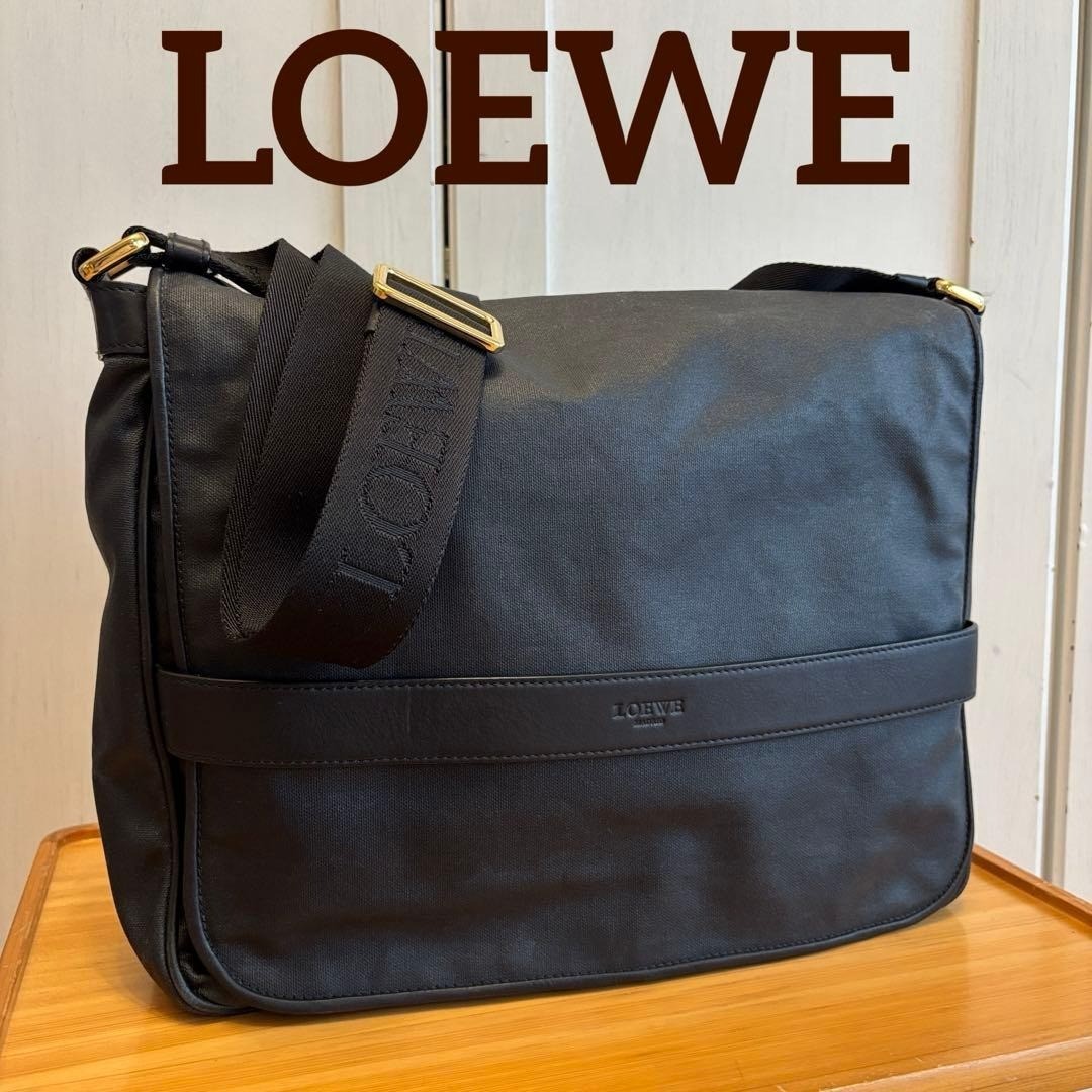 LOEWE Mens Black Messenger Bag Canvas Leather Crossbody Adjustable Strap