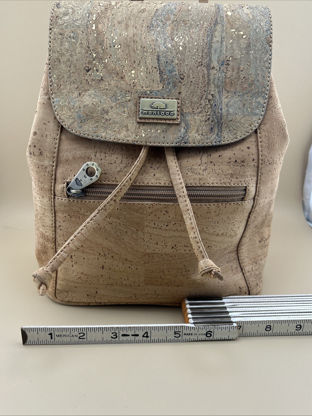 Montado Beige Cork Backpack Adjustable Straps Zip Pocket Inner Outer Pockets