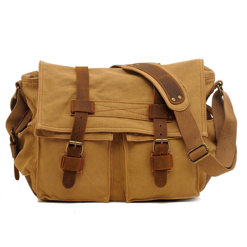 Military Canvas Genuine Leather Shoulder Crossbody Casual Bag Men Messenger Bags
